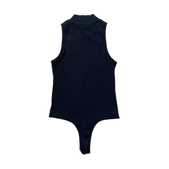 NWOT Revamped Black Ribbed Sleeveless Mock Neck Thong Bodysuit Medium Large - Picture 2 of 5